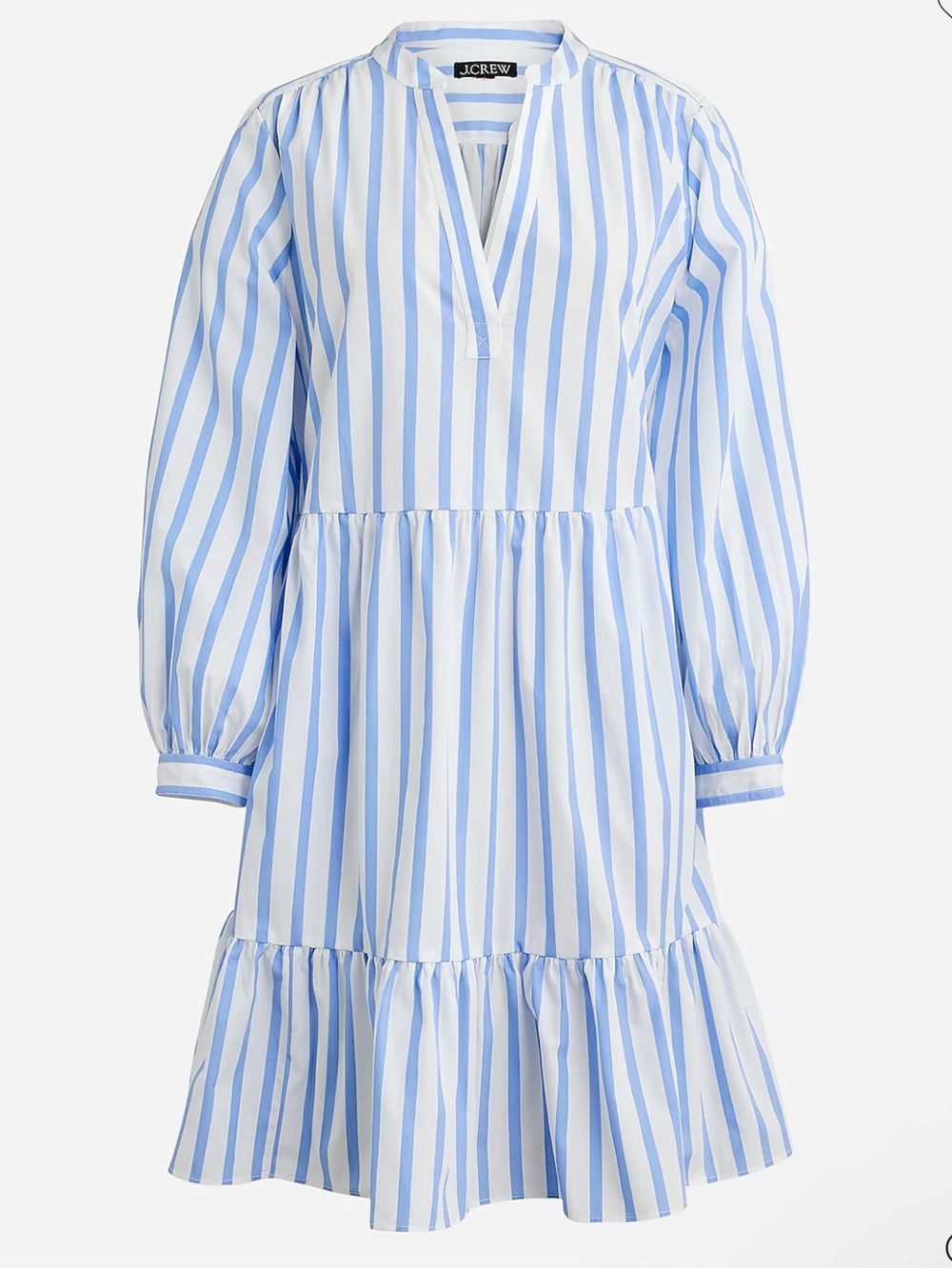 J. Crew Tiered Cotton Popover Poplin Striped Mini Dress Blue White Size Medium - Picture 2 of 6